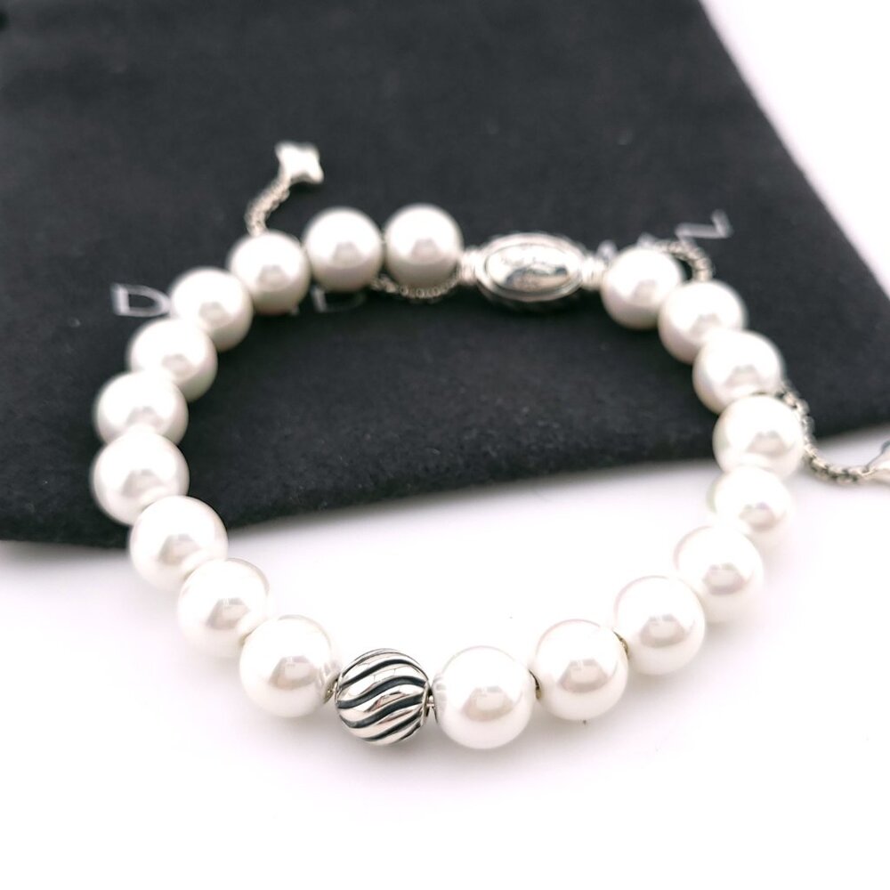 David Yurman Sterling Silver 8mm Wave Bead Pearl Spiritual Beaded Pull Bracelet